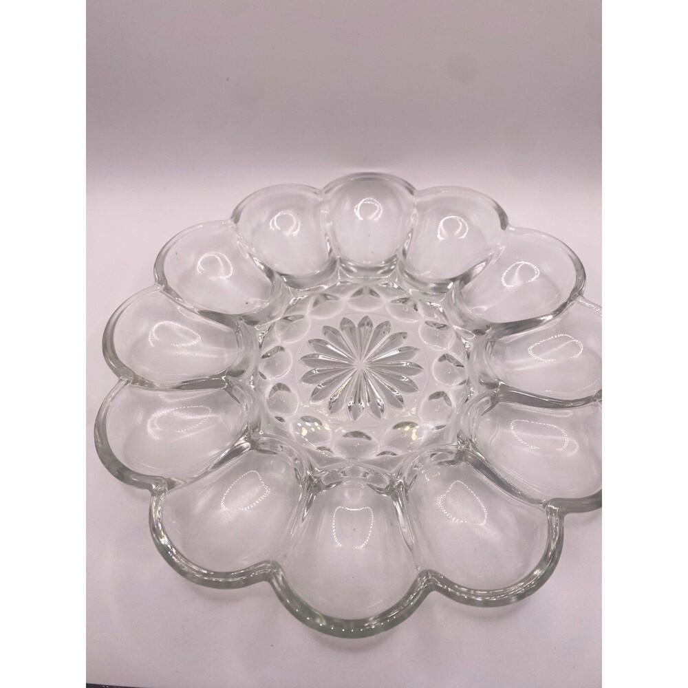Vintage Anchor Hocking Clear Glass Deviled Egg Plate Tray 10" EUC Starburst
